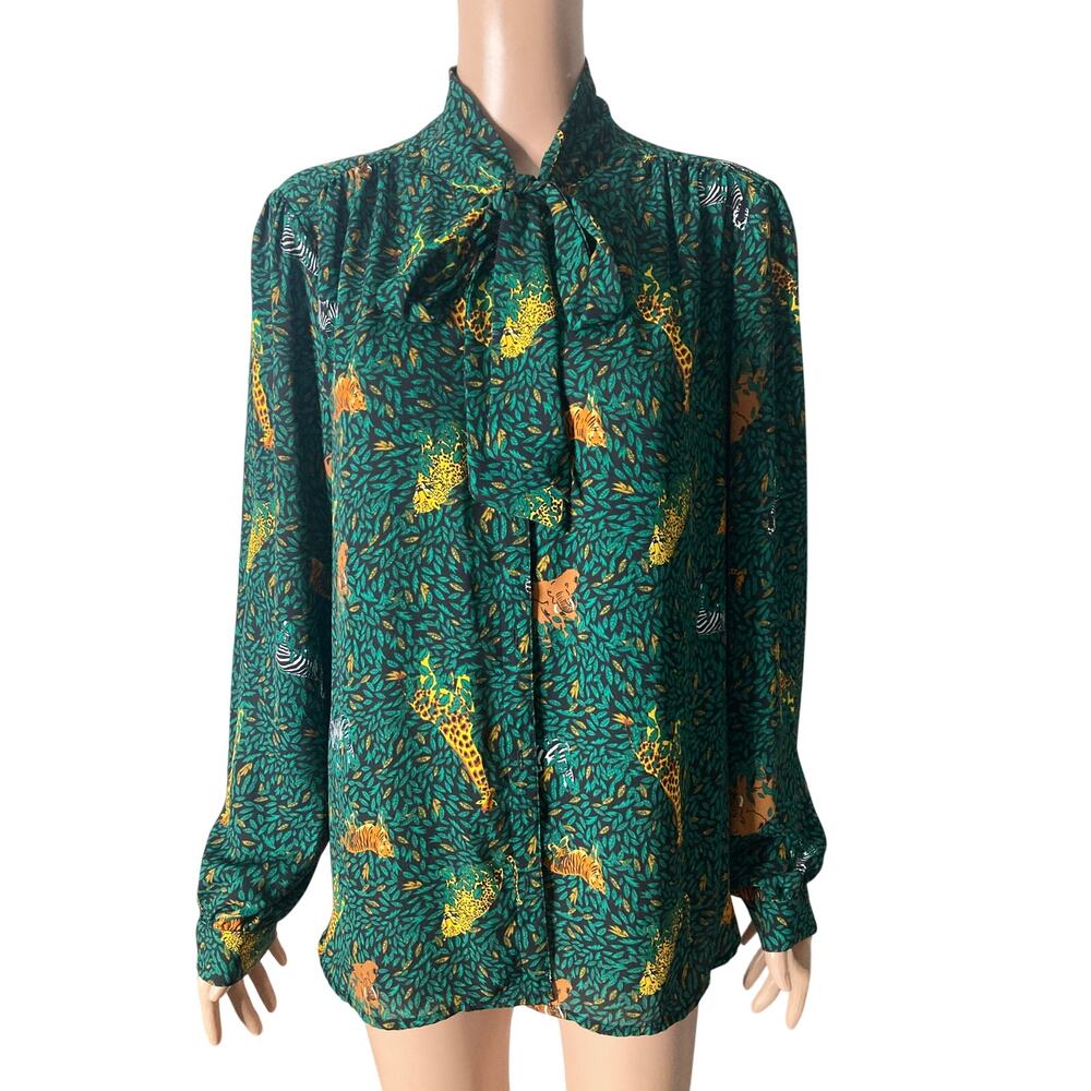 J Crew Blouse Womens XL Jungle Animal Print Tie Neck Giraffe Tiger Zebra Top